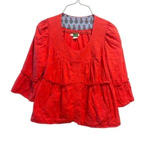 Anthropologie Ett Twa Womens 4 Orange Bell Sleeve Blouse Jacket Boho Embroidered